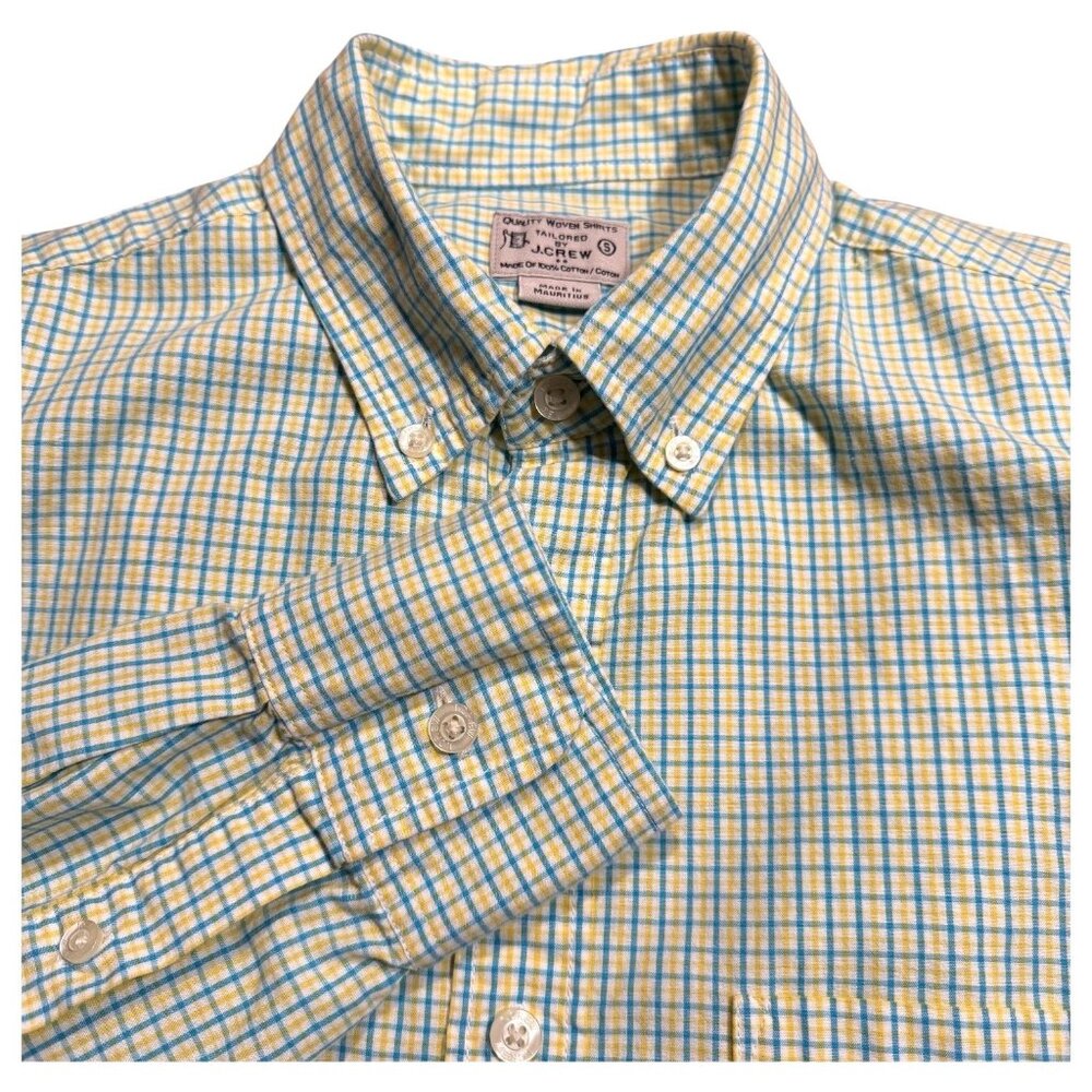 J‎ Crew Mens Shirt Cotton Tailored Fit Plaid Button Down Size Small Yellow Blue